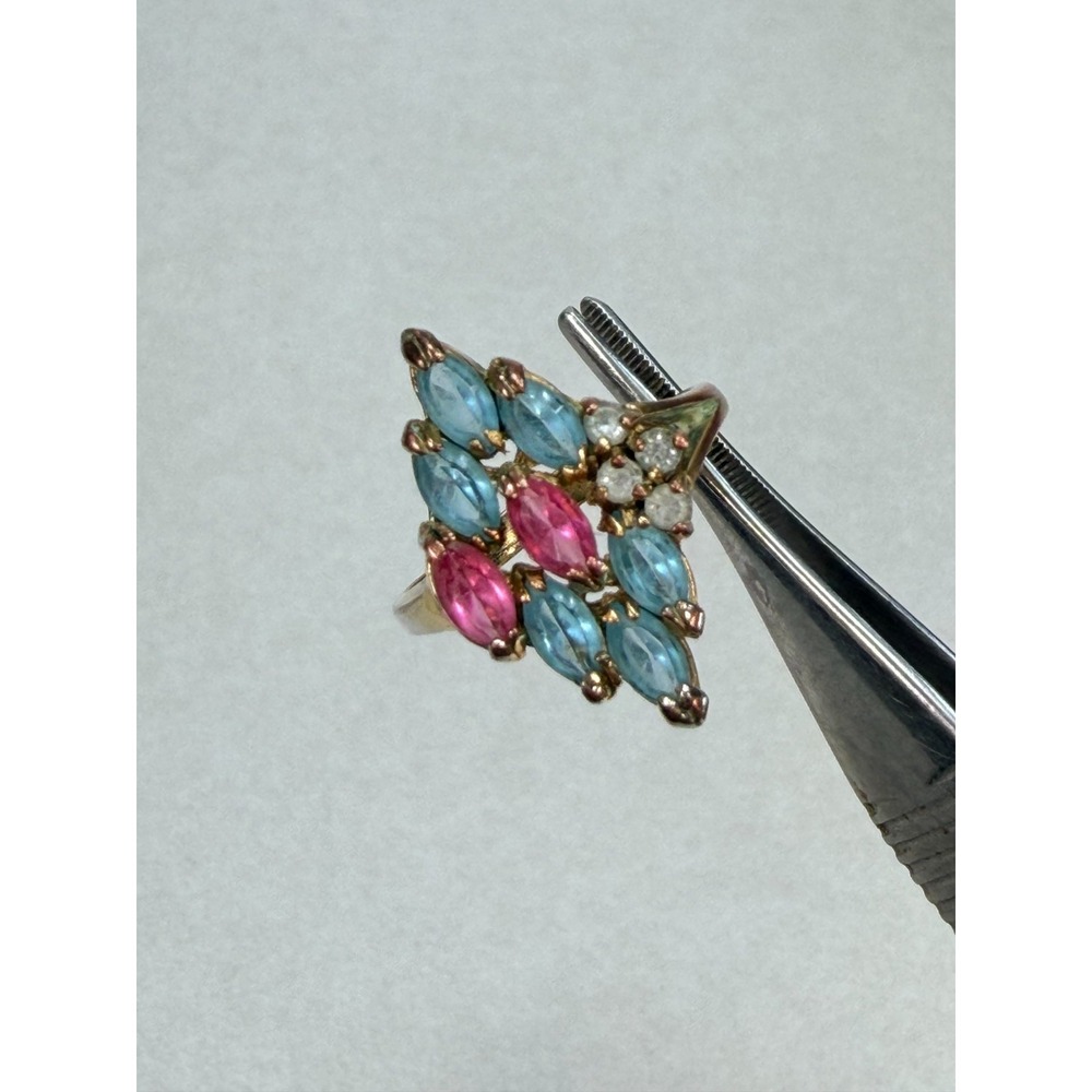 Vintage Blue Pink Navette Rhinestone Floral Cluster Gold Tone Ring Size 7.25